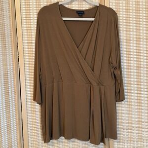 J Jill Wearever Collection Womens XL Tunic 3/4 Sleeves Brown Mock Wrap Boho